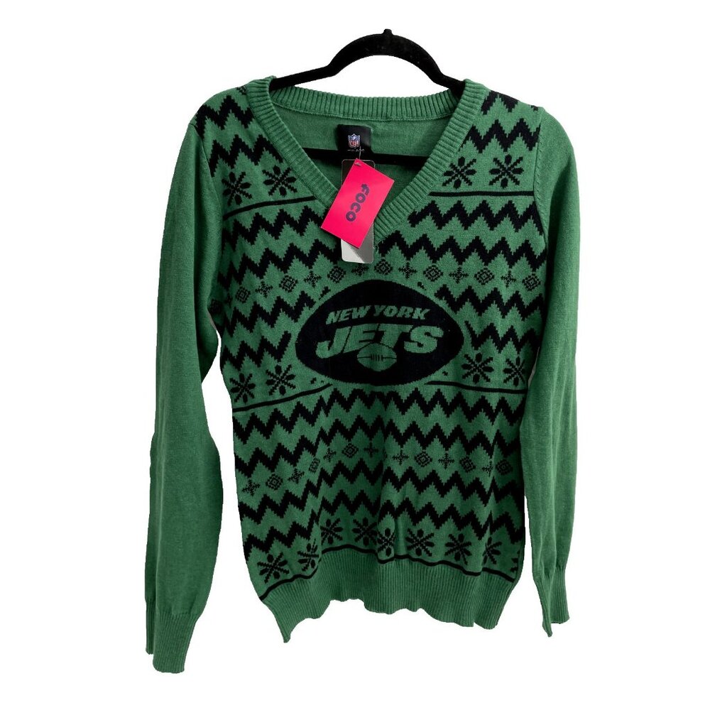 New York Jets NFL Logo Women's V-Neck Ugly Sweater Football Size Large FOCO NWT